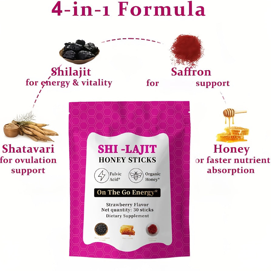 Honey Sticks – On-the-Go Energy Boost with Fulvic Acid & Organic Honey, Strawberry Flavor, 30 Sticks