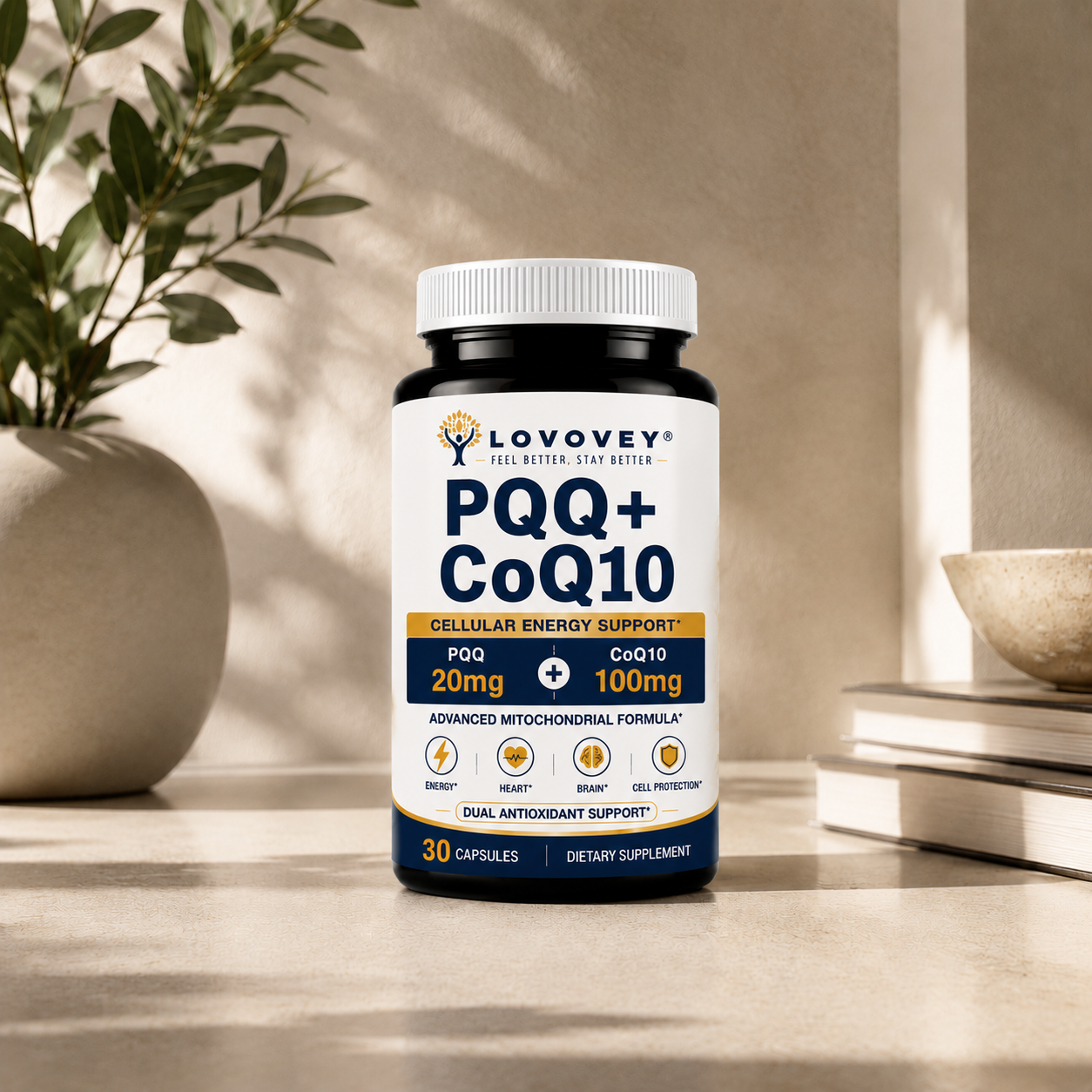 PQQ + CoQ10 Supplement - Cellular Energy & Mitochondrial Support - LOVOVEY 30 Capsules
