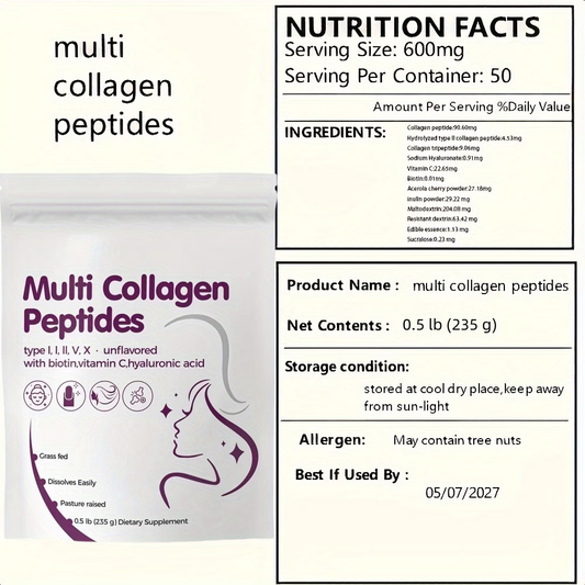 Multi Collagen Peptides Powder – Type I, II, V, X with Biotin, Vitamin C & Hyaluronic Acid for Skin, Hair & Nails – Unflavored, Easy-Dissolve, Grass-Fed, 0.5 lb (235g) Dietary Supplement