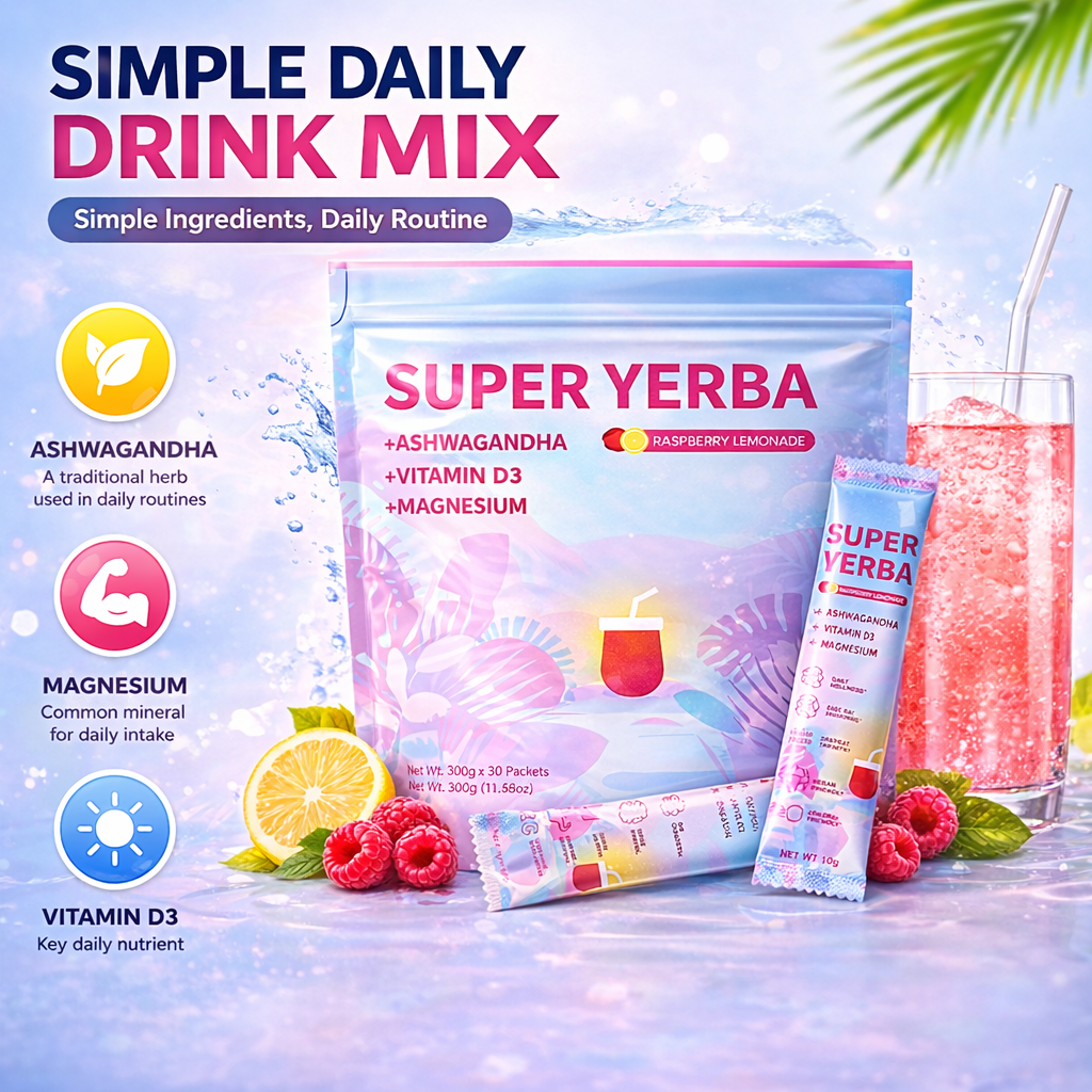 Super Yerba + Ashwagandha, Vitamin D3 & Magnesium – 30 Raspberry Lemonade Packets for Energy, Focus & Digestive Support