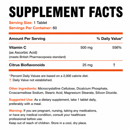 LOVOVEY Ultra Vitamin C 500mg | Sustained Release with Citrus Bioflavonoids | Immune & Antioxidant Support | 60 Tablets