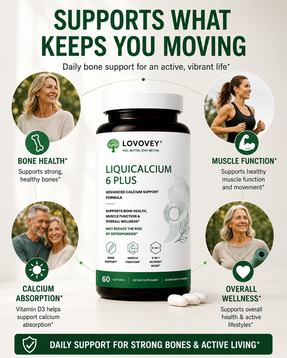 LOVOVEY LiquiCalcium 6 Plus with D3 & K2 | 60 Softgels