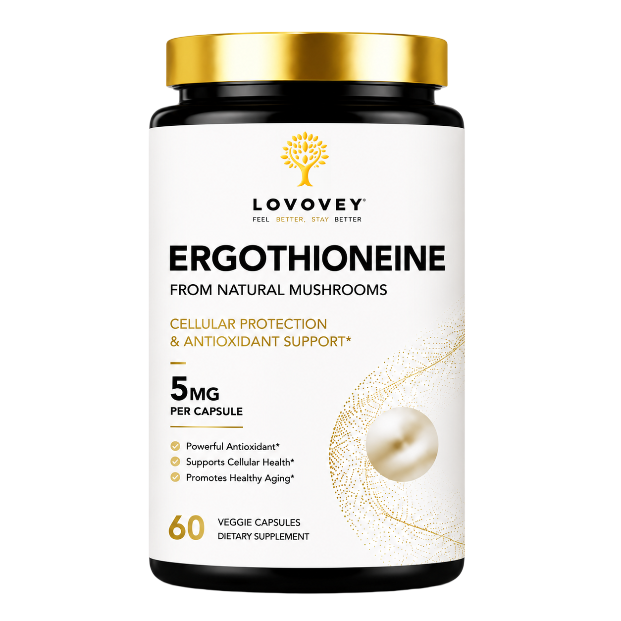 LOVOVEY Ergothioneine 5mg Mushroom Antioxidant Supplement | Cellular Protection & Healthy Aging | 60 Capsules