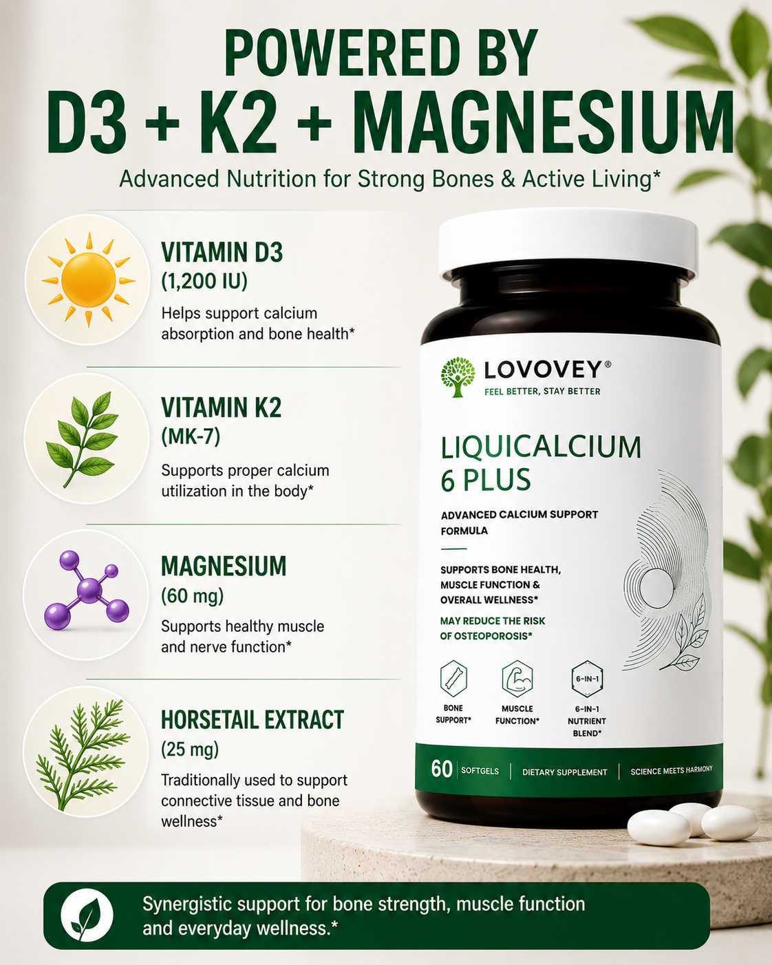 LOVOVEY LiquiCalcium 6 Plus with D3 & K2 | 60 Softgels