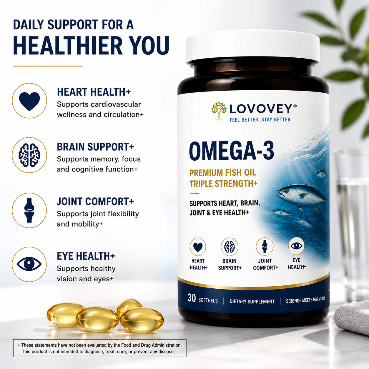 LOVOVEY Heart & Brain Omega-3 Fish Oil | 30 Softgels