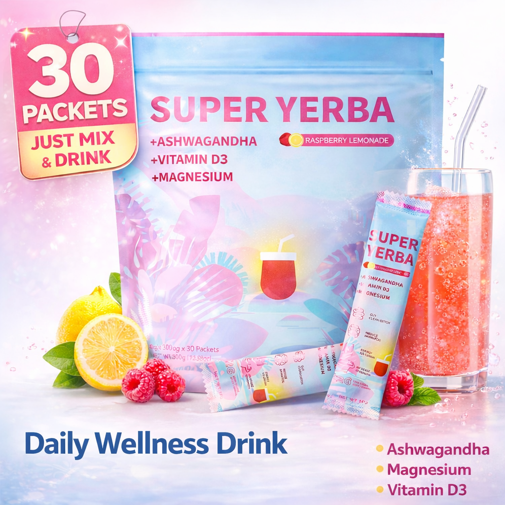 Super Yerba + Ashwagandha, Vitamin D3 & Magnesium – 30 Raspberry Lemonade Packets for Energy, Focus & Digestive Support