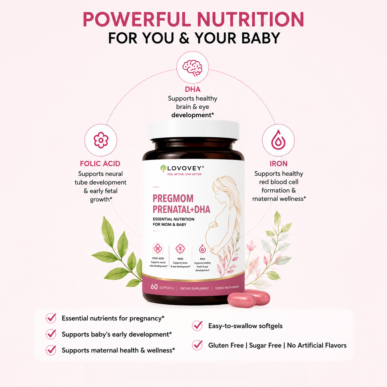 LOVOVEY PregMom Prenatal + DHA | Essential Nutrition for Mom & Baby | 60 Softgels