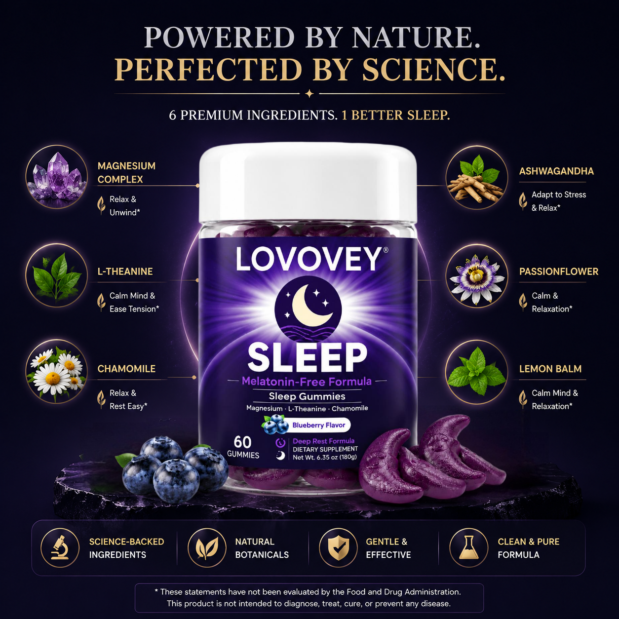 LOVOVEY Sleep Gummies – Melatonin-Free Sleep Support with Magnesium, L-Theanine & Botanicals | Blueberry Flavor | 60 Gummies