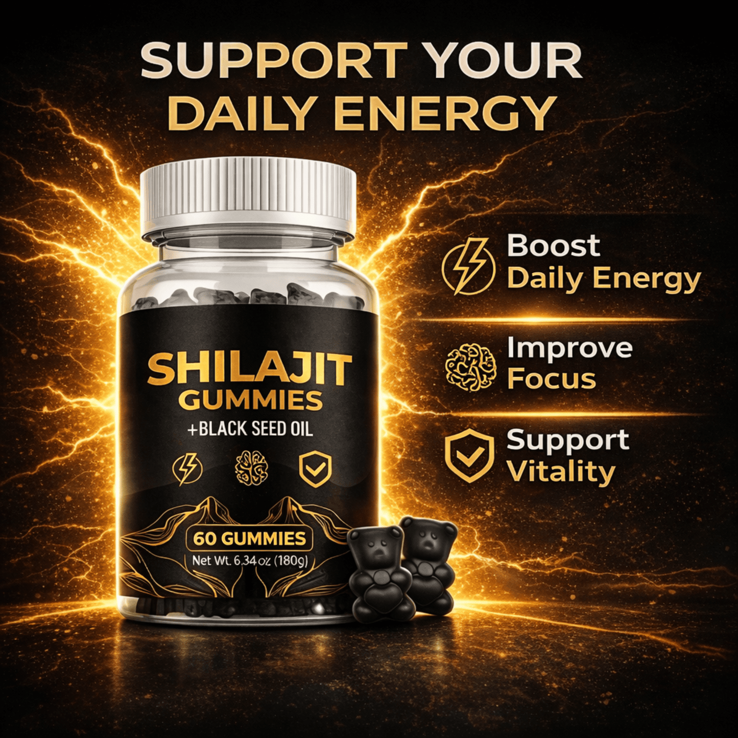 LOVOVEY Shilajit Gummies with Black Seed Oil | 60 Count, Energy, Focus & Daily Wellness Support