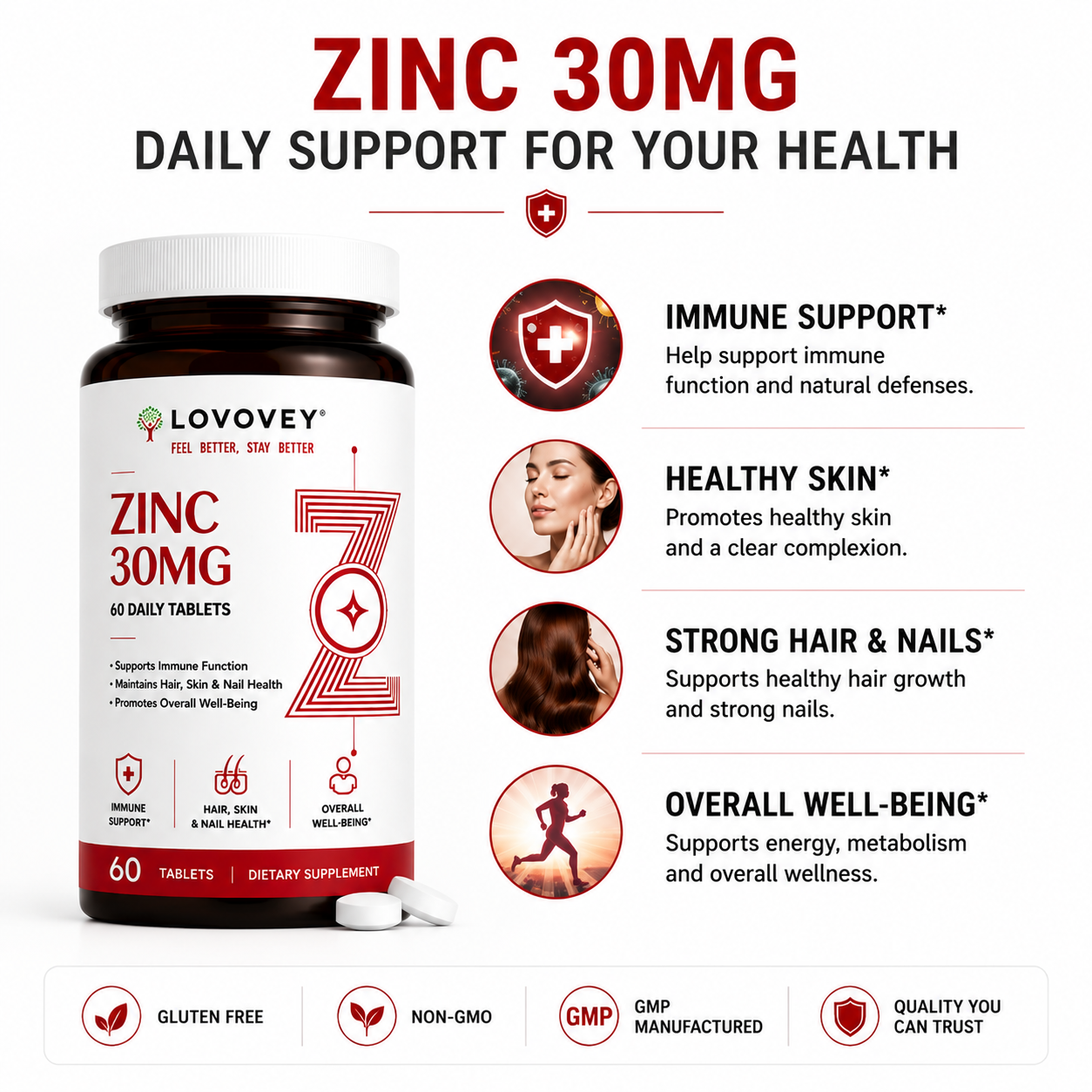 LOVOVEY Zinc 30mg | Immune Support & Skin Health Supplement | 60 Daily Tablets