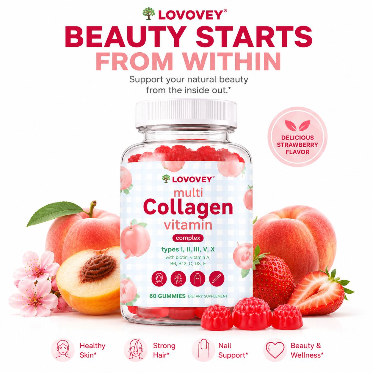 LOVOVEY Multi Collagen Gummies for Women | Hair Skin & Nails Support | 60 Gummies