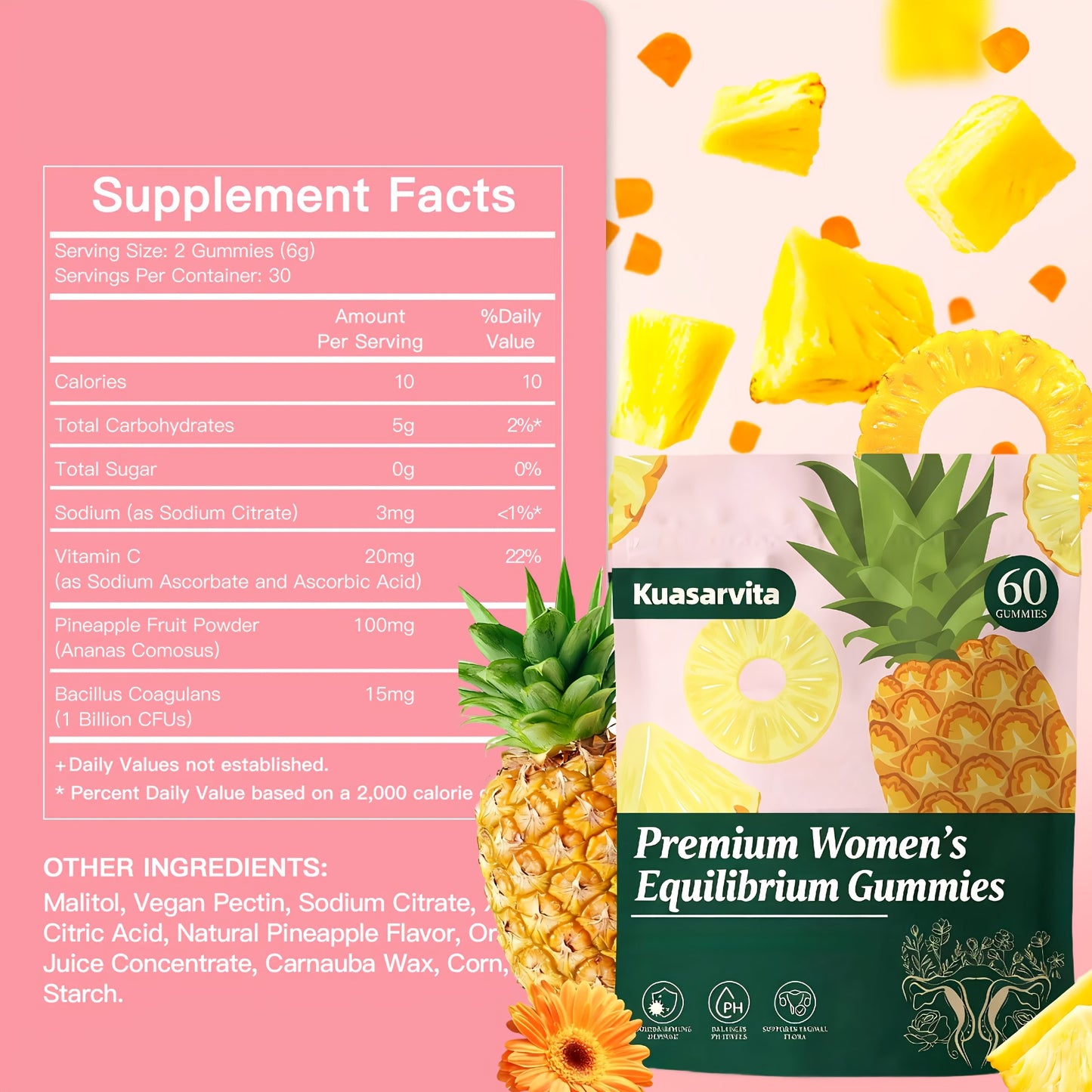 LOVOVEY Feminine Balance Gummies | 60 Count, Vaginal Wellness & pH Support, Pineapple Flavor