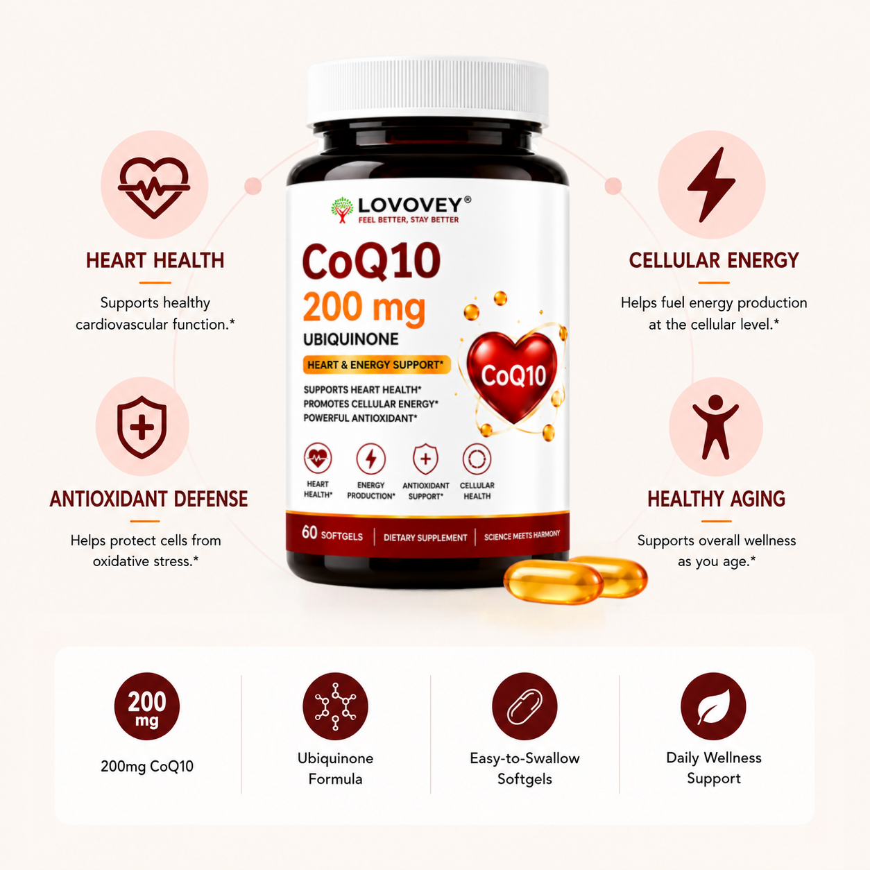 LOVOVEY CoQ10 200mg Ubiquinone | Heart & Energy Support | 60 Softgels