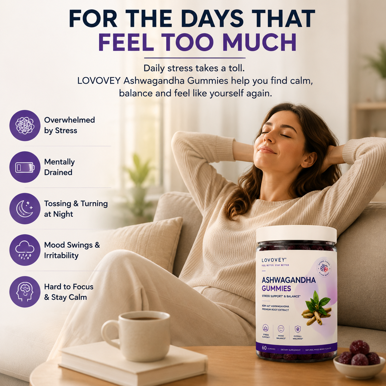 LOVOVEY Ashwagandha Gummies for Stress Relief & Mood Support | Calm, Relax & Balance | 60 Gummies