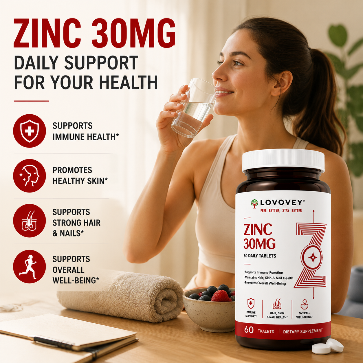 LOVOVEY Zinc 30mg | Immune Support & Skin Health Supplement | 60 Daily Tablets