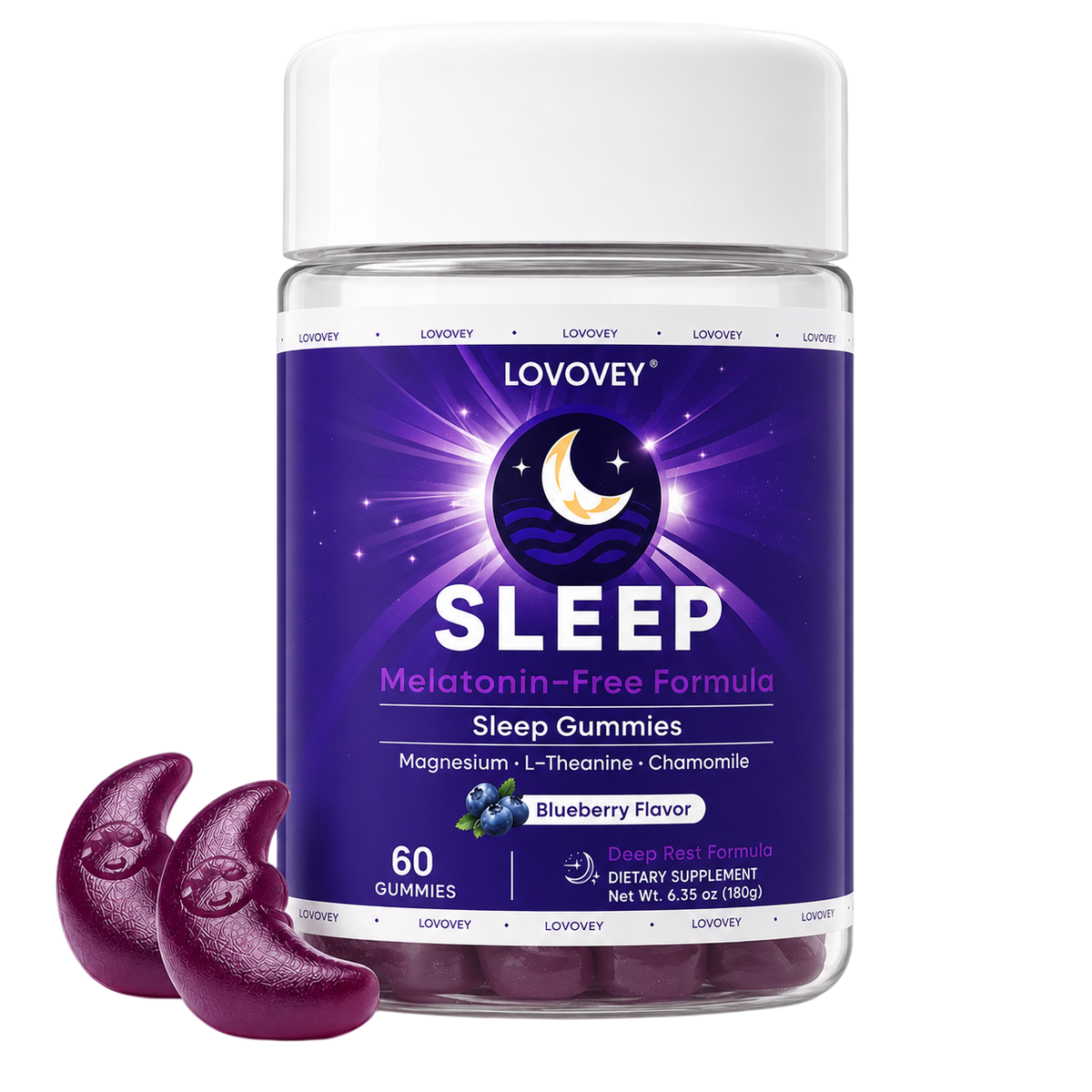 Melatonin-Free Sleep Gummies — Magnesium & L-Theanine | LOVOVEY Blueberry 60 Gummies