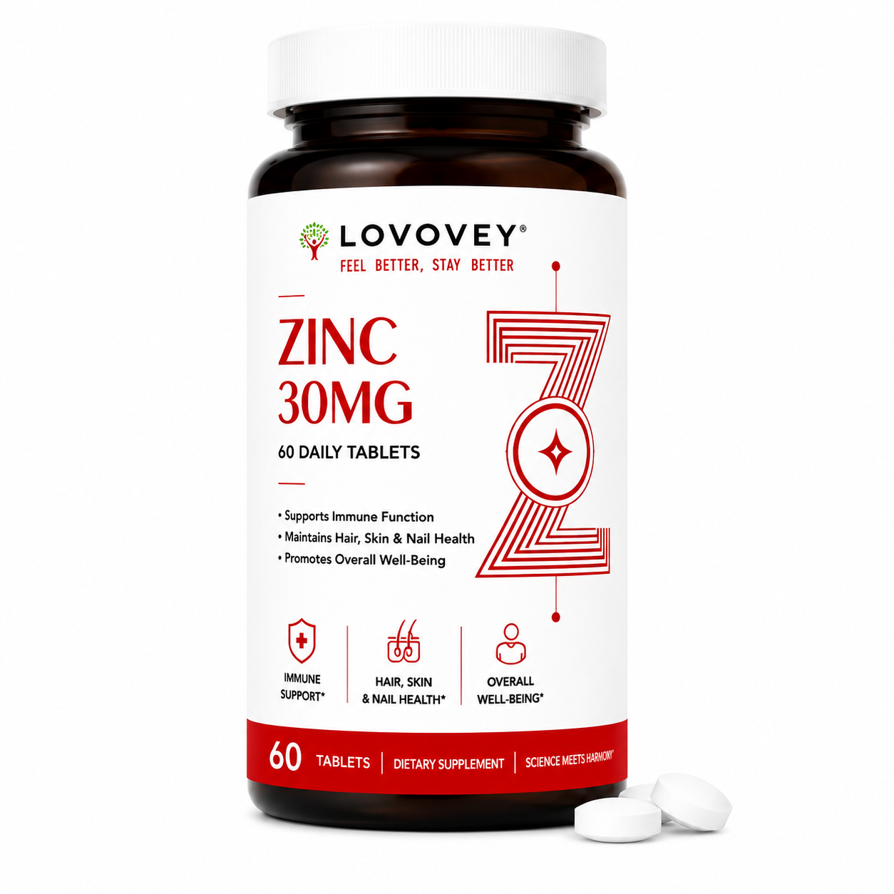 LOVOVEY Zinc 30mg | Immune Support & Skin Health Supplement | 60 Daily Tablets