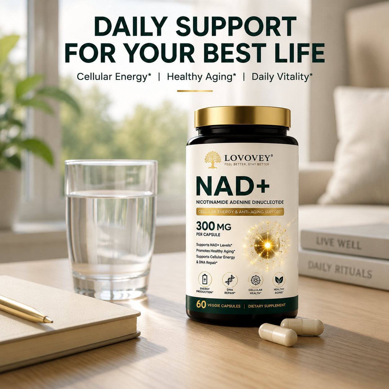 LOVOVEY NAD+ Supplement 300mg | Cellular Energy & Healthy Aging Support | 60 Capsules