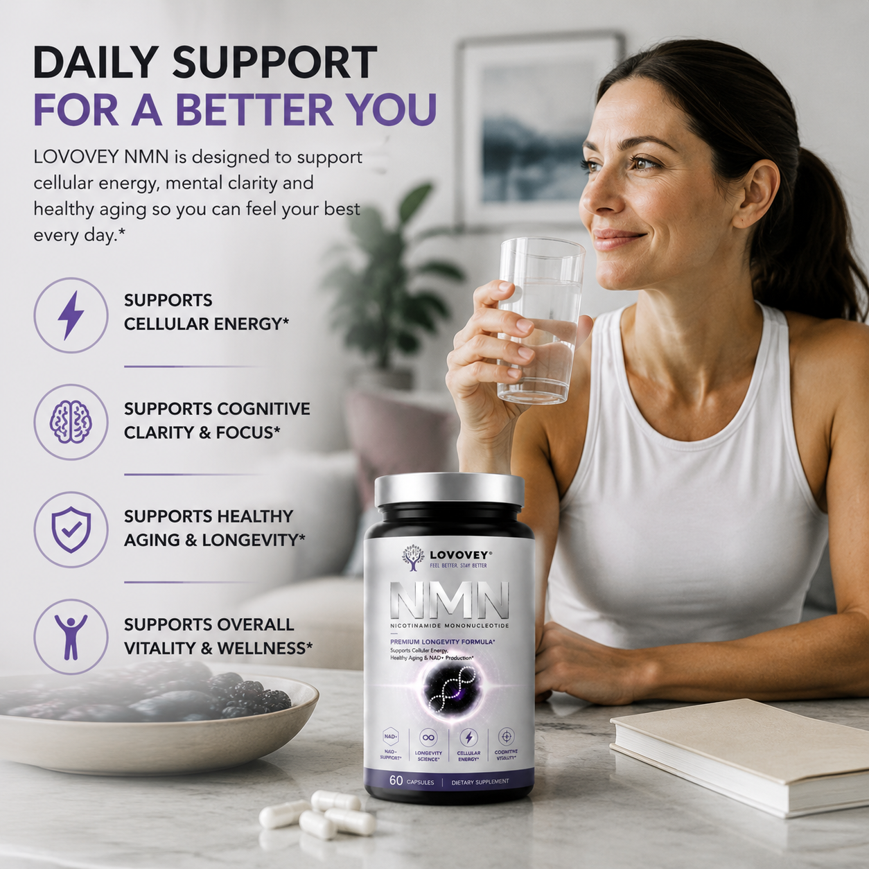 LOVOVEY NMN Supplement | Cellular Energy & Healthy Aging Support | 60 Capsules