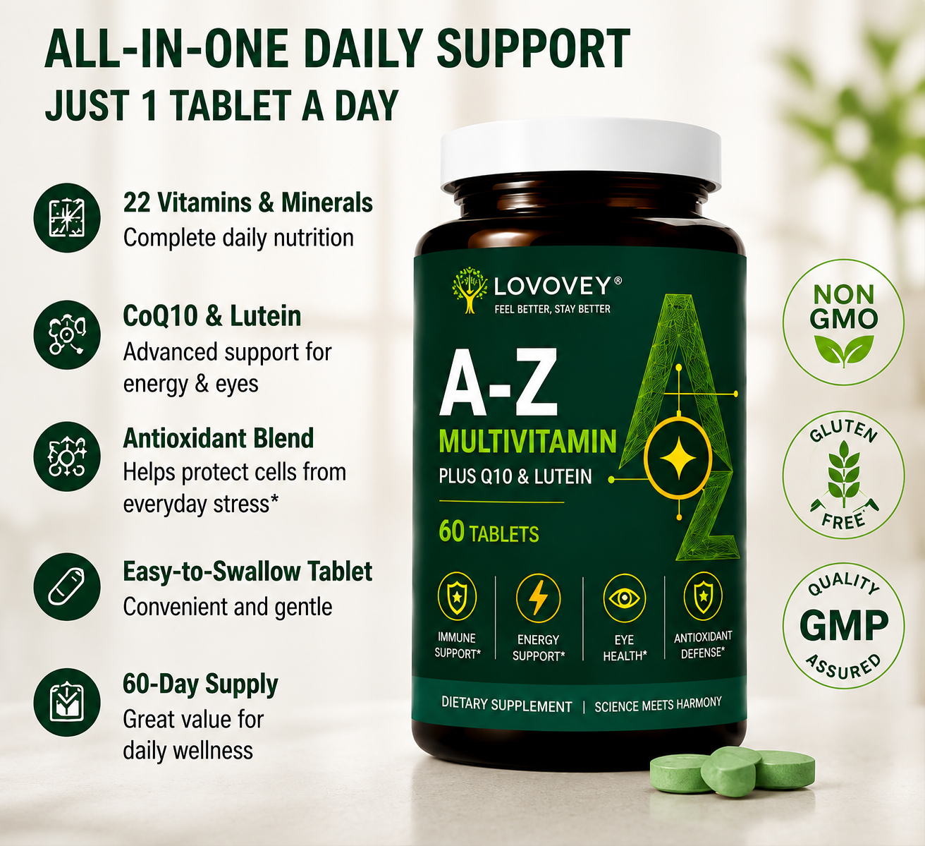 LOVOVEY A-Z Multivitamin with CoQ10 & Lutein | 60 Tablets