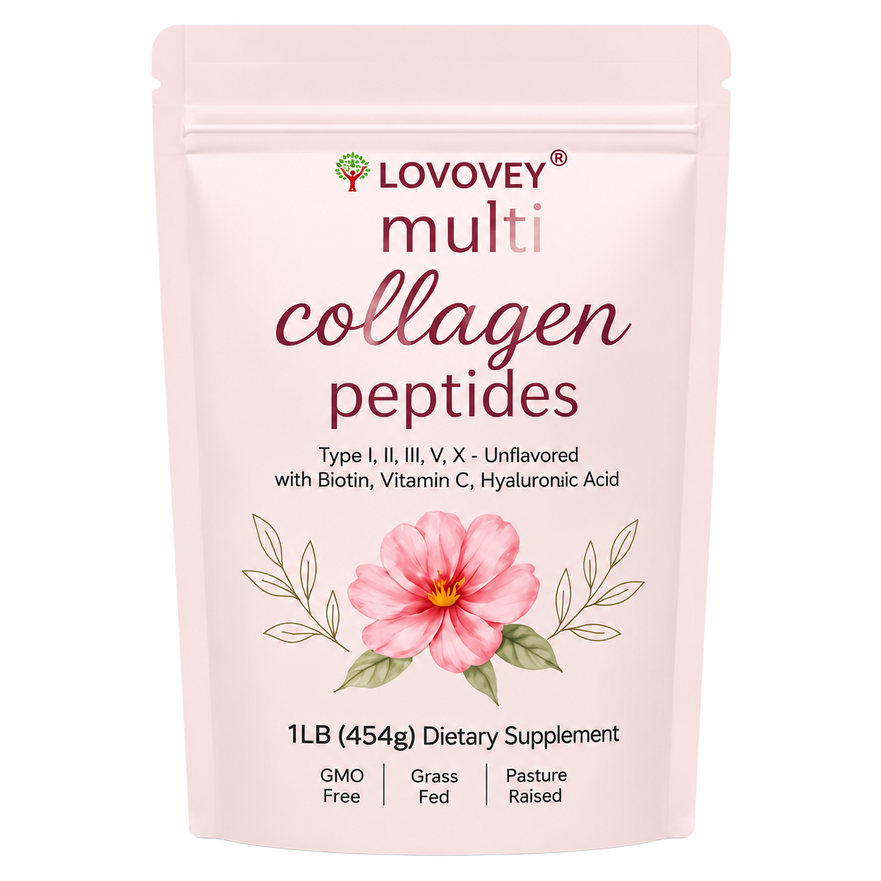 LOVOVEY Multi Collagen Peptides Powder | Type I, II, III, V, X, with Biotin, Vitamin C & Hyaluronic Acid, 1LB (454g), Unflavored