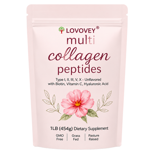 LOVOVEY Multi Collagen Peptides Powder | Type I, II, III, V, X, with Biotin, Vitamin C & Hyaluronic Acid, 1LB (454g), Unflavored